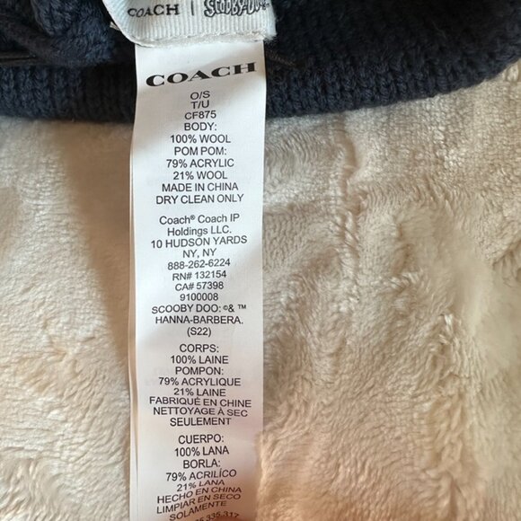 NWT! COACH CF875 Women Logo Wool Colorblocked Pom Pom Beanie In Navy - Picture 6 of 9